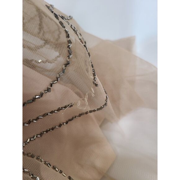 Adrianna Papell Peach Nude Sequin Beaded Art Deco Godet Hem Maxi Dress Gown 14P - Picture 7 of 9